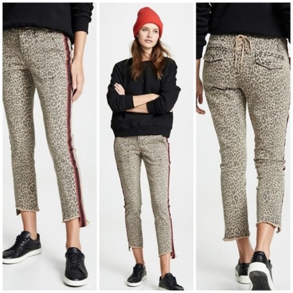 Pam & Gela Denim - Pam & Gela Leopard Print Uniform Stripe Raw Step Hem Jeans